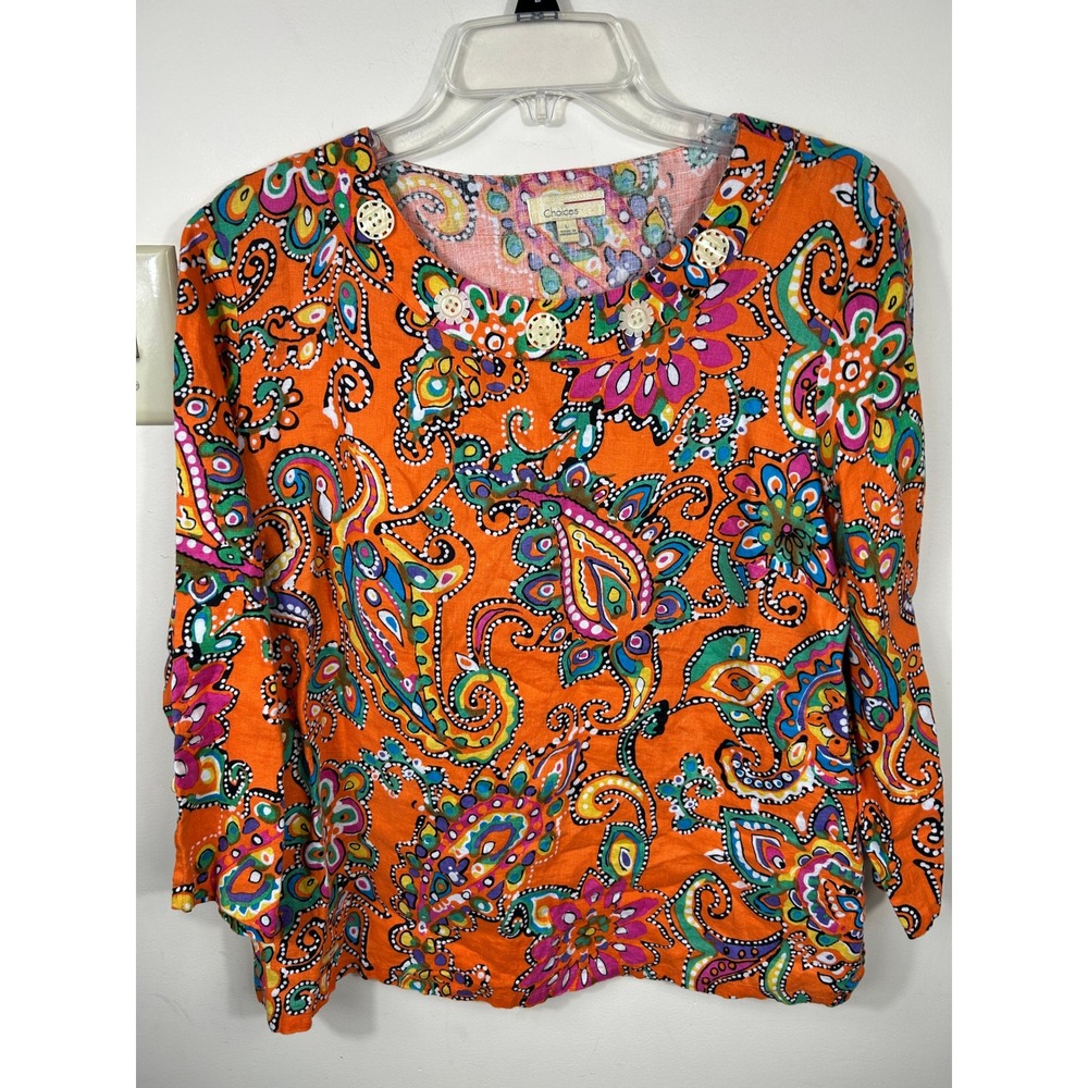 VTG Choices Psychedelic Paisley Floral Blouse Women L Orange Boho Linen 90s Chic